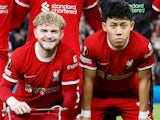 Liverpool's Harvey Elliott and Wataru Endo pictured on April 11, 2024