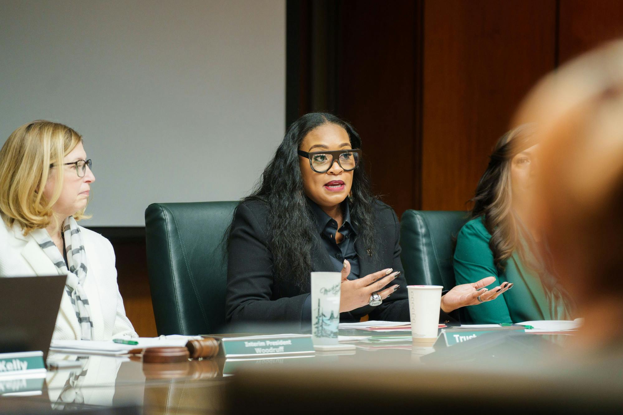 <p>MSU board chair Vassar presents her comments and report during a Board of Trustees meeting, held at the Hannah Administration Building on Feb. 10, 2023.</p>