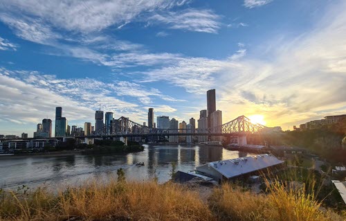 Spectacular Brisbane sunset overlooking Howard Smith Wharves and Story Bridge