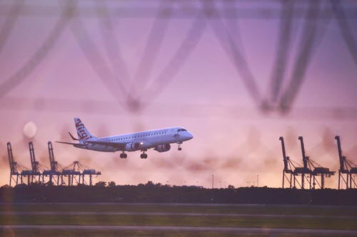 Virgin Australia flight arrival into Brisbane Airport.