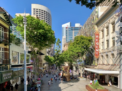 Shoppers in a busy Queen Street Mall, Brisbane, Australia 