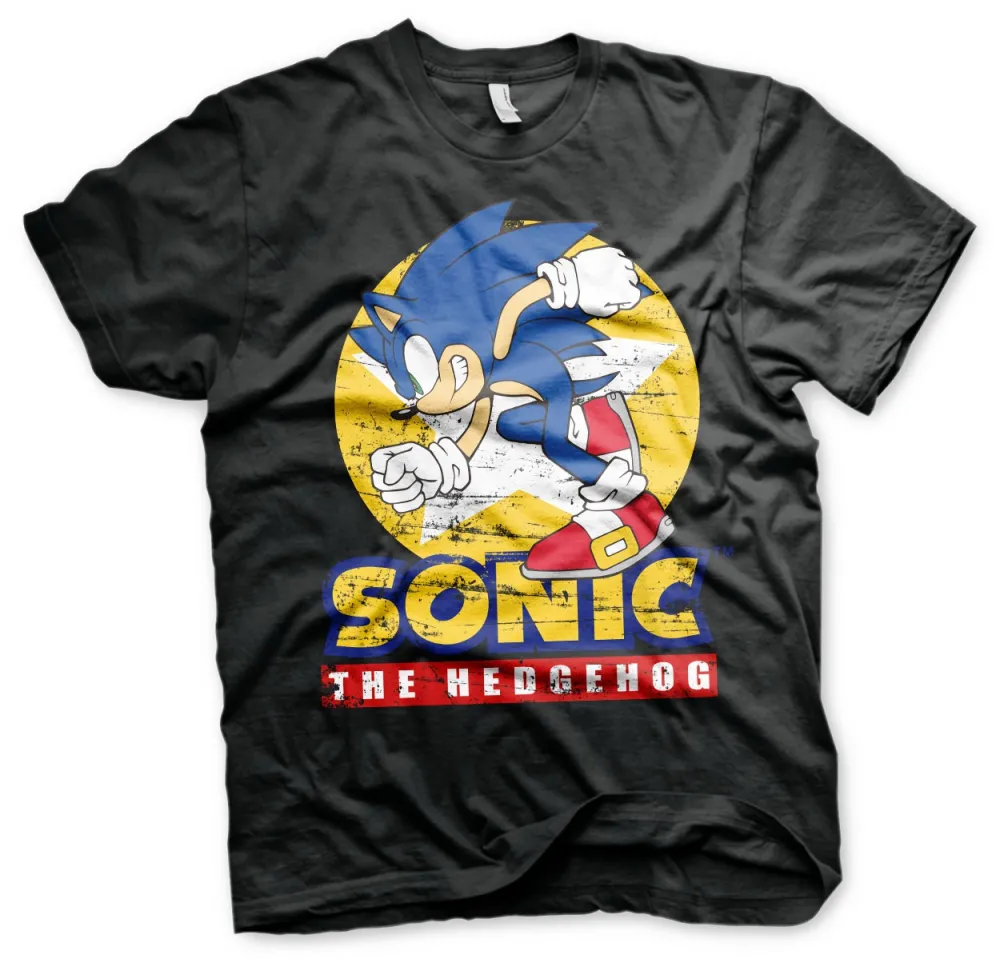 OFFICIAL SONIC THE HEDGEHOG SPINNING DISTRESSED PRINT BLACK T-SHIRT