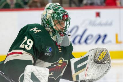 Jan 8, 2024; Saint Paul, Minnesota, USA; Minnesota Wild goaltender Marc-Andre Fleury (29) in action against the Dallas Stars in the third period at Xcel Energy Center. Mandatory Credit: Matt Blewett-USA TODAY Sports