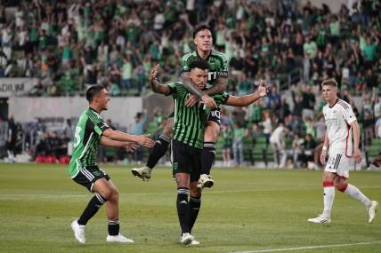 Mar 30, 2024; Austin, Texas, USA; Austin FC defender Julio Cascante (18) celebrates a goal in the second half against FC Dallas at Q2 Stadium. Mandatory Credit: Scott Wachter-USA TODAY Sports