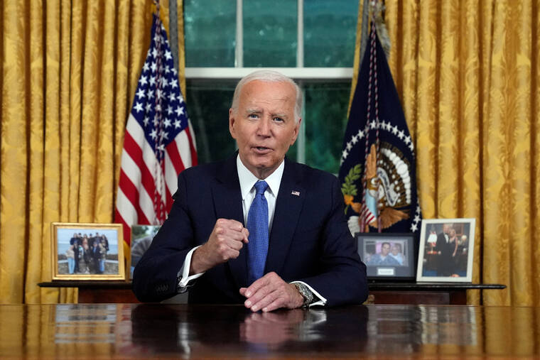 EVAN VUCCI/POOL VIA REUTERS / JULY 24
                                President Joe Biden addresses the nation from the Oval Office of the White House in Washington about his decision to drop his Democratic presidential reelection bid.