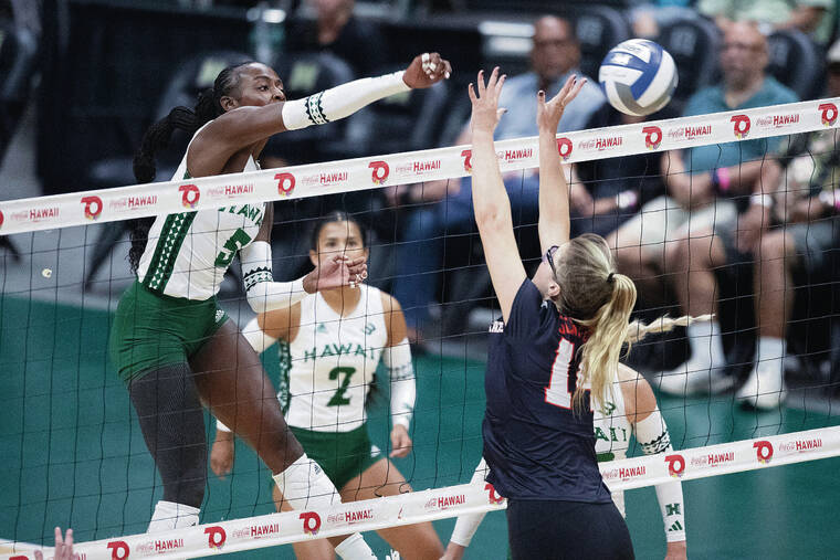 GEORGE F. LEE / GLEE@STARADVERTISER.COM
                                Hawaii Wahine Jacyn Bamis took her swing against Oregon State Beavers Elly Schraeder during an NCAA Women’s volleyball game on Friday, Sept. 13, at the SimpliFi Arena, Stan Sheriff Center.