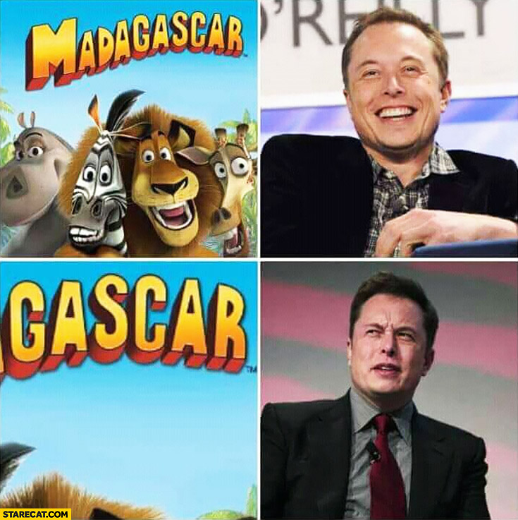 Madagascar Elon Musk happy, gas car Elon Musk confused