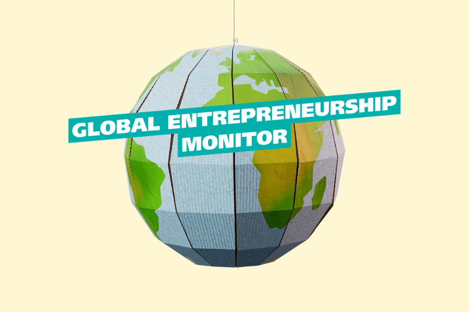 Ein Globus mit einem Textfeld davor: Global Entrepreneurship Monitor