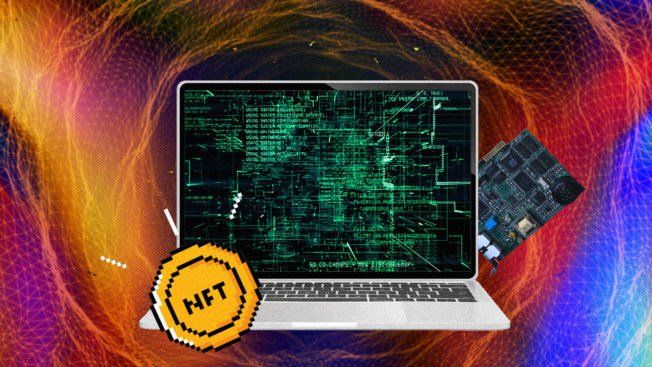 A laptop with gold NFT coin and circuit board on a multicolored background