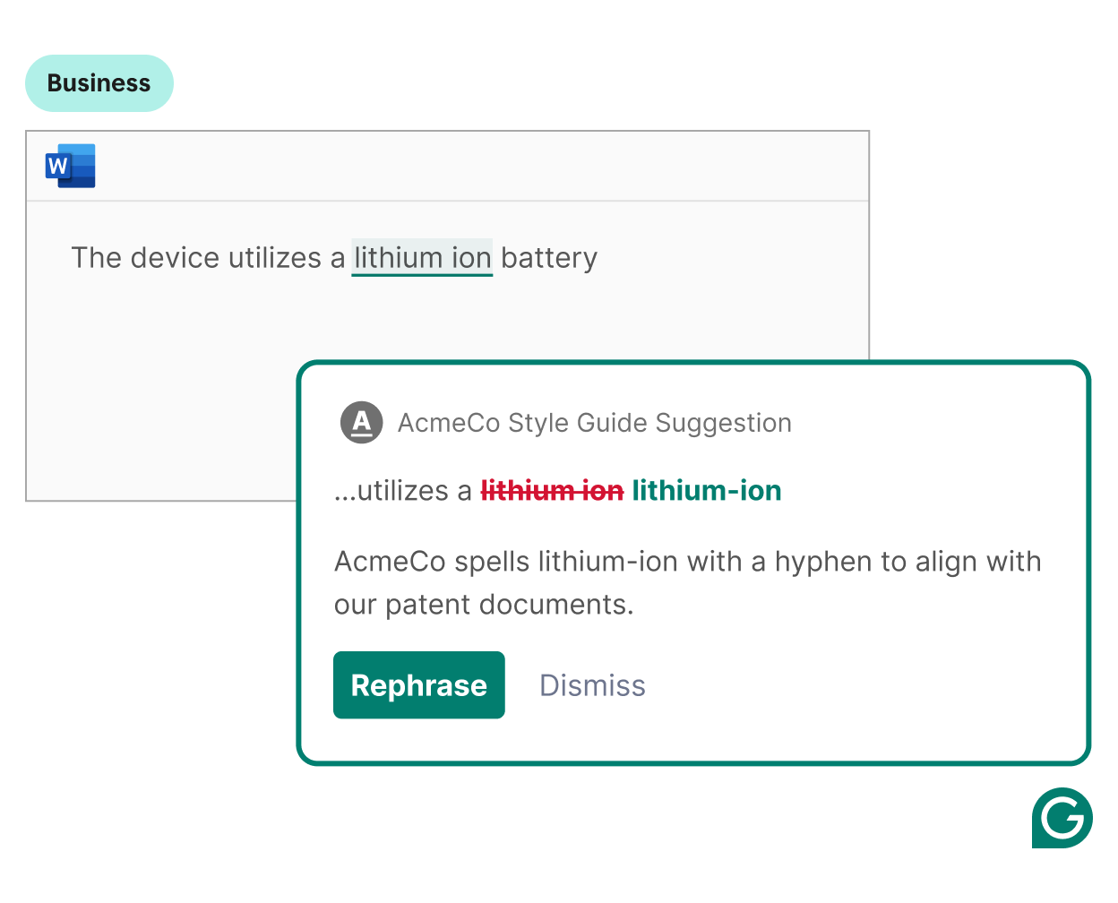 Style guide suggestion from Grammarly to ensure AcmeCo is on brand