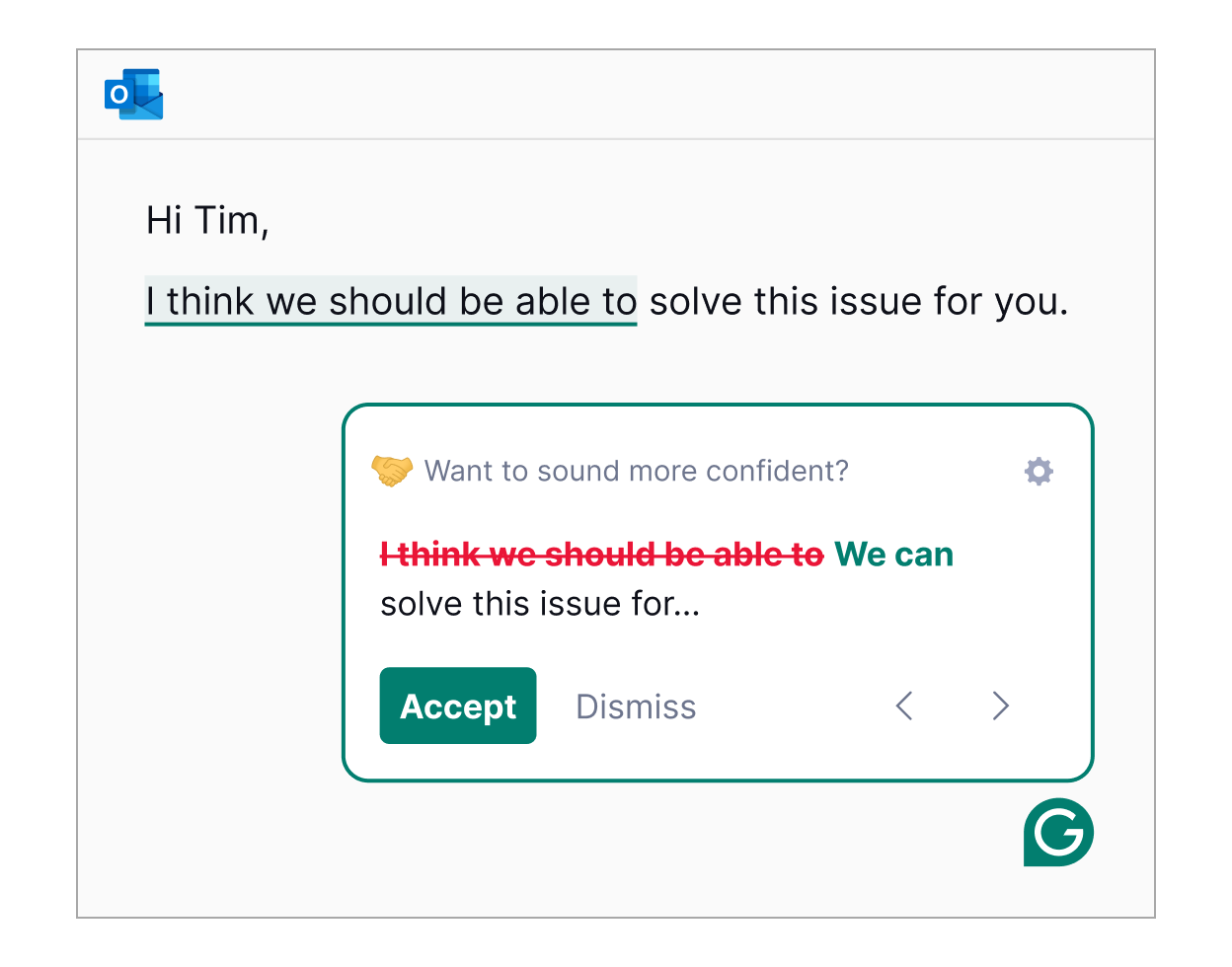 Showing an e-mail in outlook with a tone suggestion to sound more confident
