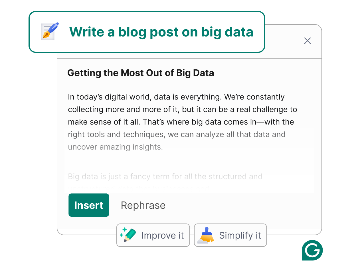 Grammarly's AI writes a blog post about big data. 