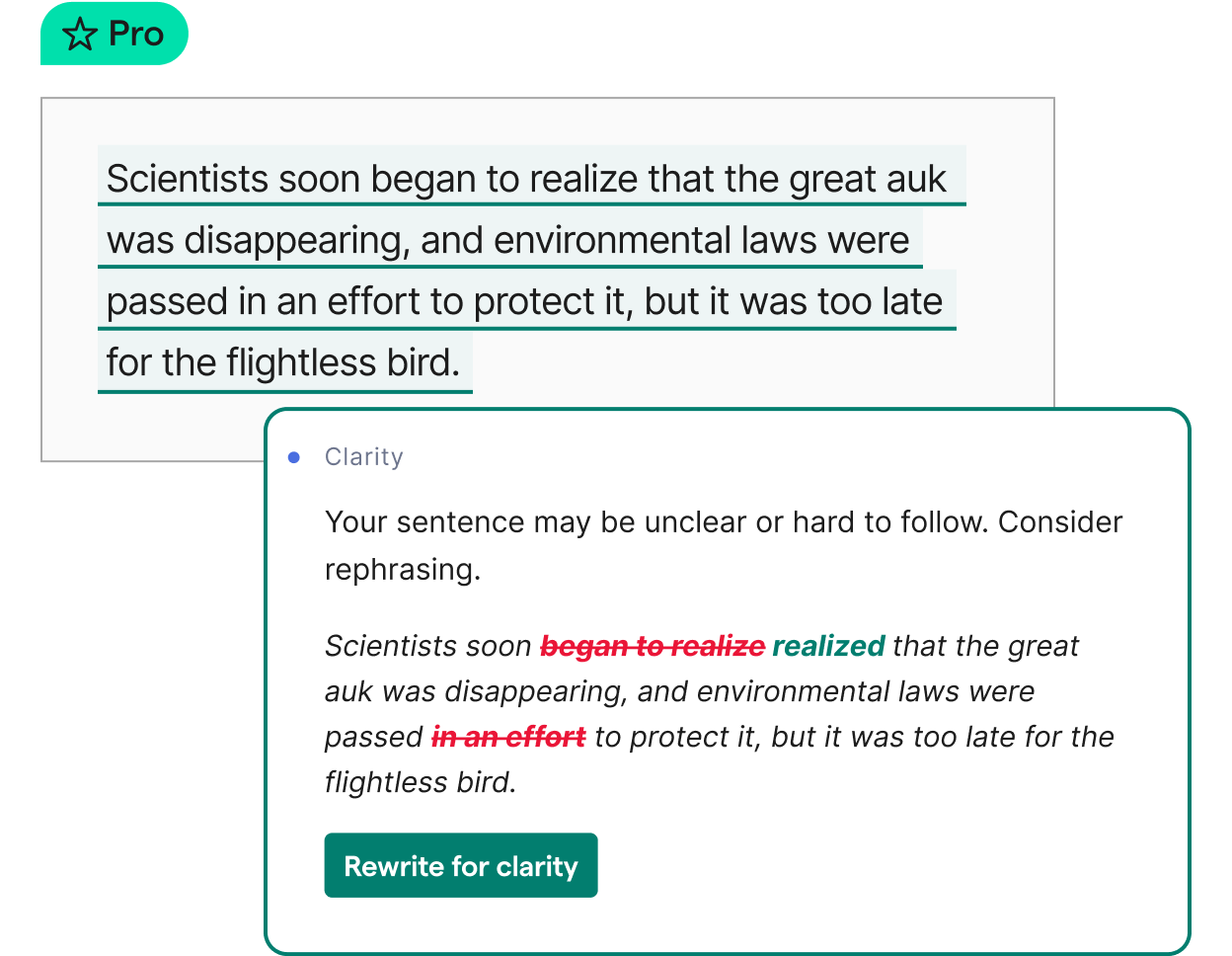 Example of a clarity suggestion from Grammarly