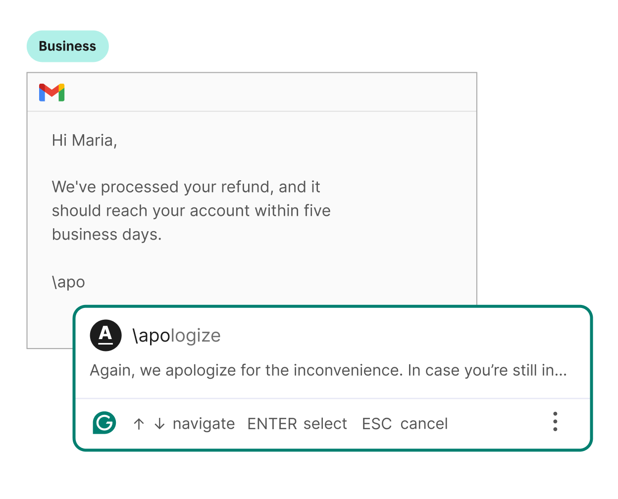 Example of how company's can use Grammarly's snippets feature to expedite tasks