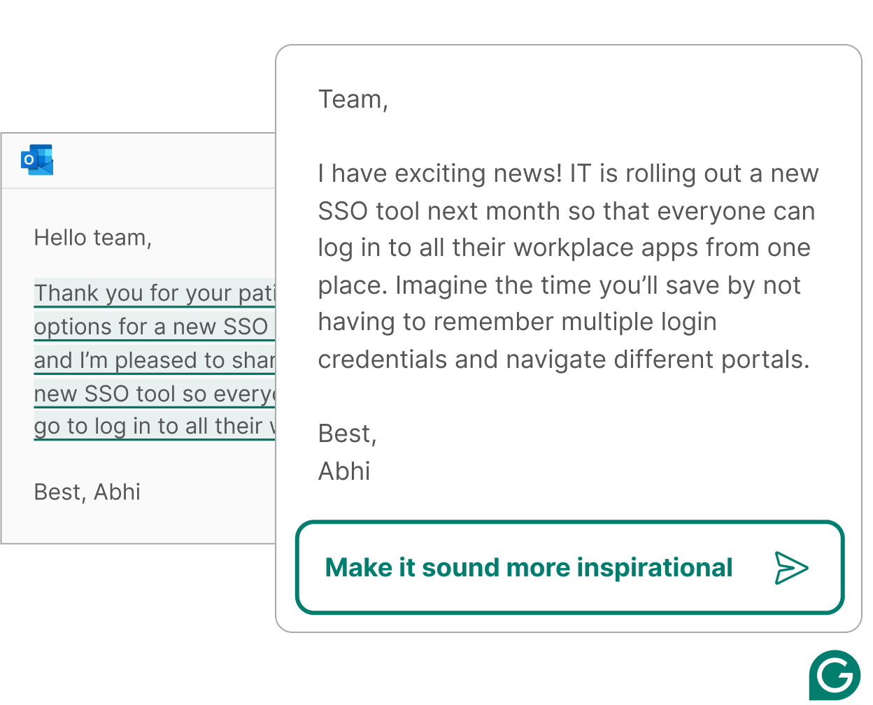 Grammarly gives you suggestions to make your text sound more inspirational. 