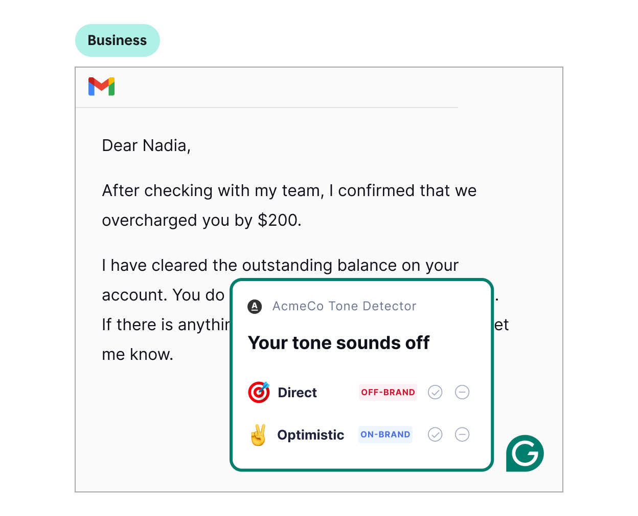 Email in Gmail with text written and Grammarly providing a tone suggestion for AcmeCo