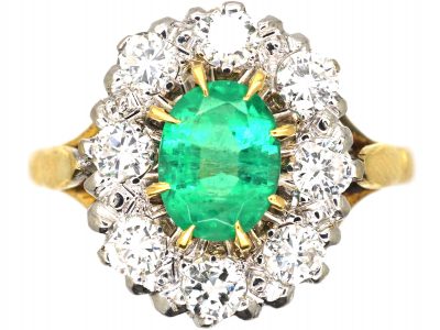 18ct Gold, Emerald & Diamond Oval Cluster Ring