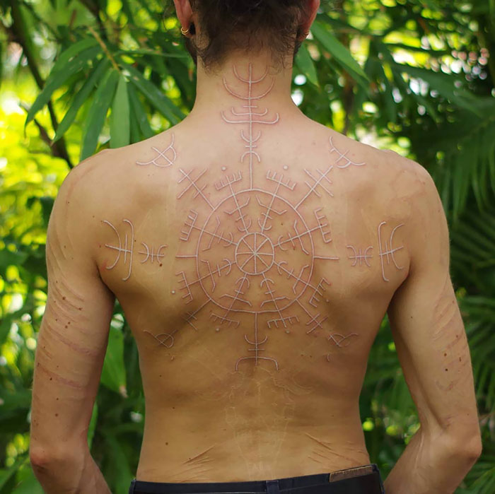 Man displaying intricate Viking tattoo on back amidst lush greenery.