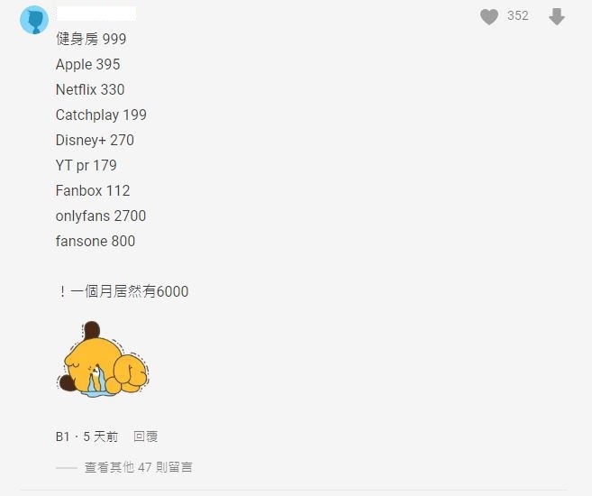 他1個月花「6千訂閱費」 明細曝光 老司機笑了：好貴 | 圖片翻攝自 Dcard