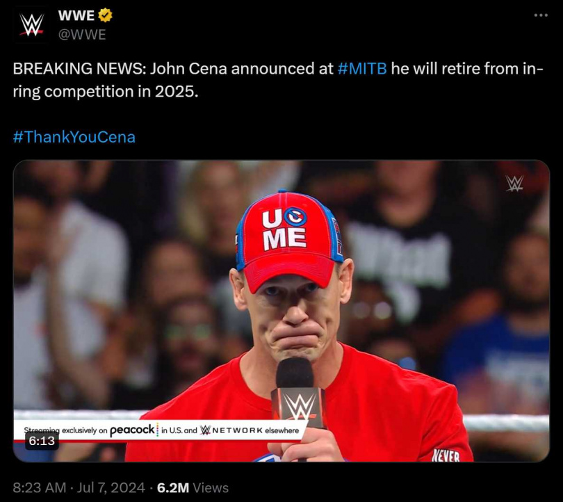 WWE明星約翰希南預告退役。（圖／翻攝自X）