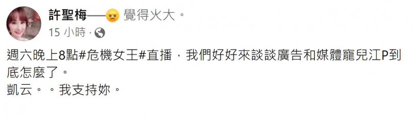 許聖梅氣炸發文，批江坤俊自以為是萬人迷。（圖／翻攝自許聖梅臉書）