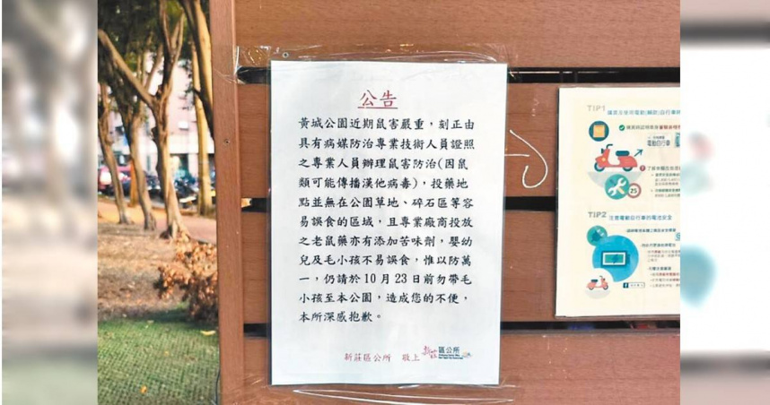 區公所並未提前設立告示，通知民眾黃城公園內有投放老鼠藥的情況，經議員反映後才緊急設置。（新北市議員翁震州提供／呂健豪新北傳真）