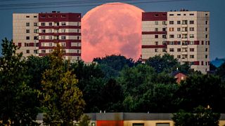 The full moon sets behind apartment houses in the outskirts of Frankfurt, Germany. August 12, 2022