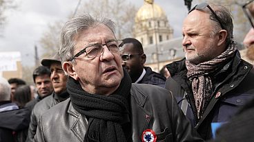 Far-left politician Jean-Luc Melenchon attends a demonstration on Thursday, April 6, 2023 in Paris.