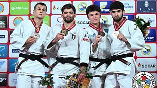 Le podium des -73 kg au Kazakhstan Barysy Grand Slam, à Astana, samedi 11 mai 2024.