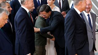 Incoming NATO chief Mark Rutte greets Ukraine's President Volodymyr Zelenskyy at an EU summit in Brussels, Thursday, June 27, 2024. 