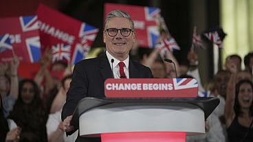 Labour Party leader Keir Starmer speaks to his supporters at the Tate Modern in London, Friday, July 5, 2024. 