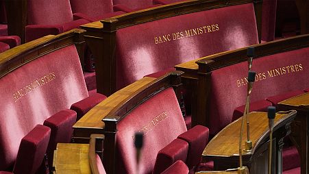 The benches of ministers are seen inside the French National Assembly in Paris, 9 July 2024