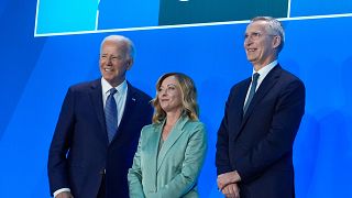 President Joe Biden and NATO Secretary General Jens Stoltenberg welcome Italy's Prime Minister Giorgia Meloni to the NATO Summit in Washington.