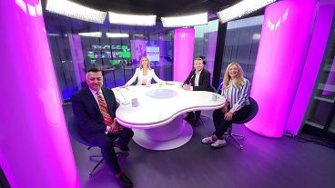 Host Méabh Mc Mahon with Dharmendra Kanani, Connor Allen and Alva Finn 