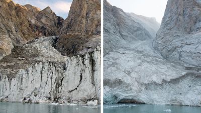 From left to right: before (August 2023) and after (September 2023) photos of the mountain peak and glacier, taken from the fjord. 