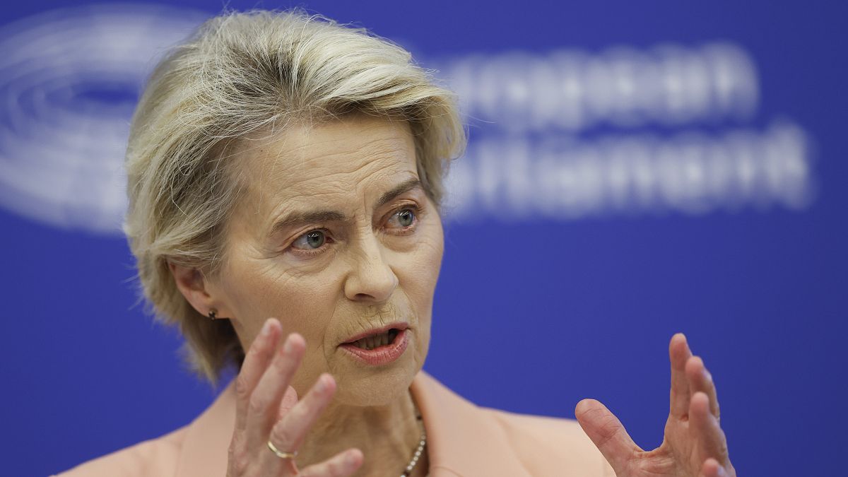 European Commission President Ursula von der Leyen presents her new team for her next five-year tenure at the head of the bloc, Tuesday, Sept. 17, 2024, in Strasbourg.