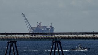 An oil platform in Israel's offshore Leviathan gas field is seen while an Israeli navy vessel patrols the Mediterranean Sea, Israel