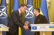 NATO Secretary General Mark Rutte and Ukrainian President Volodymyr Zelenskyy shake hands during press conference in Kyiv, 3 October 2024