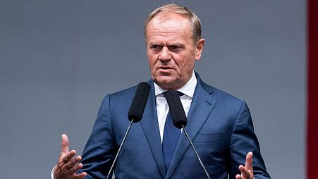 Poland's Prime Minister Donald Tusk attends solemn ceremonies at Westerplatte, on the Baltic Sea, Poland, on Sept. 1, 2024.