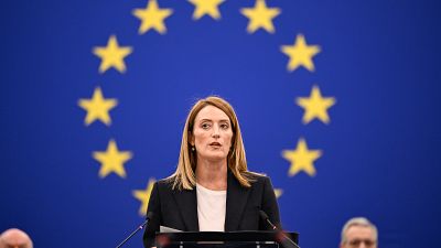 Η πρόεδρος του Ευρωπαϊκού Κοινοβουλίου Roberta Metsola στο Στρασβούργο.