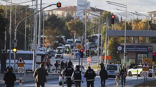 Emergency and security teams are deployed outside of Turkish Aerospace Industries Inc. at the outskirts of Ankara, Turkey.