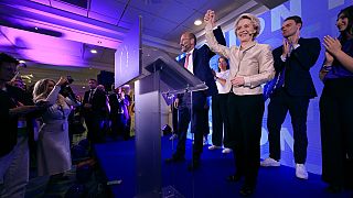 European Commission President Ursula von der Leyen poses with EPP President Manfred Weber at the EPP headquarters in Brussels on Sunday 9 June 2024.