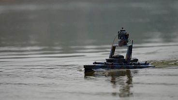 Exercise with a river drone equipped for reconnaissance and combat missions in Kiev, Ukraine , 03.01.2025