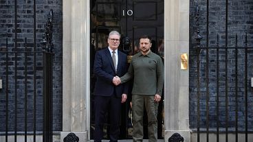 Britain's Prime Minister Keir Starmer, left, meets Ukraine's President Volodymyr Zelenskyy outside 10 Downing Street in London, July 19, 2024.