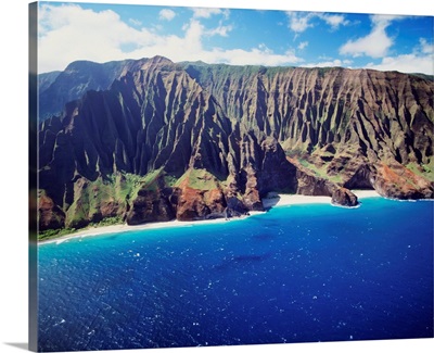 Hawaii, Kauai, Na Pali Coast, Aerial Along Coastline, Rugged Cliffs And Ocean