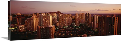 Hawaii, Oahu, Waikiki, Evening Glow On City Buildings At Twilight