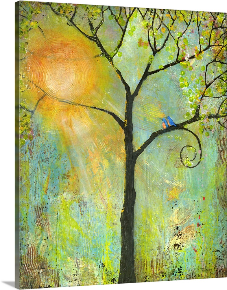 Lighthearted contemporary painting of a tree with bare branches.