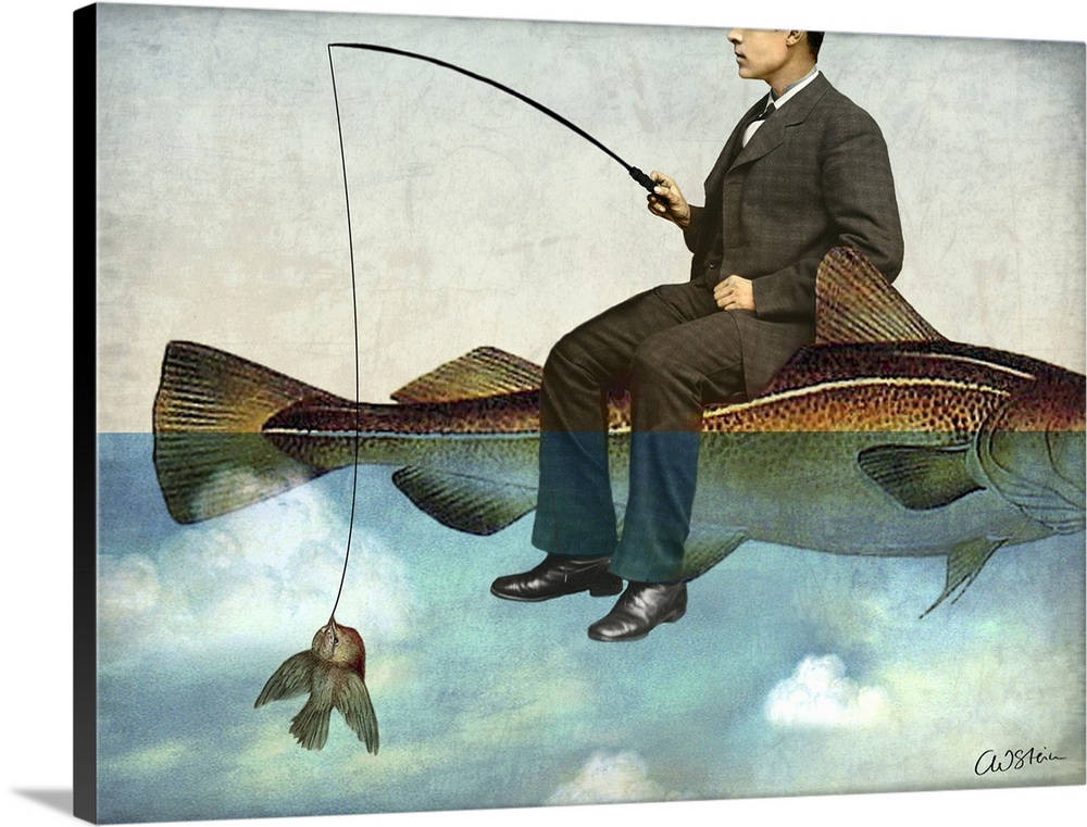 A digital composite of a man sitting on a large fish while fishing for a small bird.