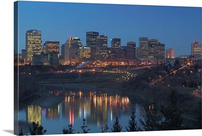 Alberta, Edmonton, Downtown Skyline, Evening from above North Saskatchewan River