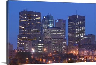 Canada, Manitoba, Winnipeg, Downtown Highrises from The Forks Area, Dawn